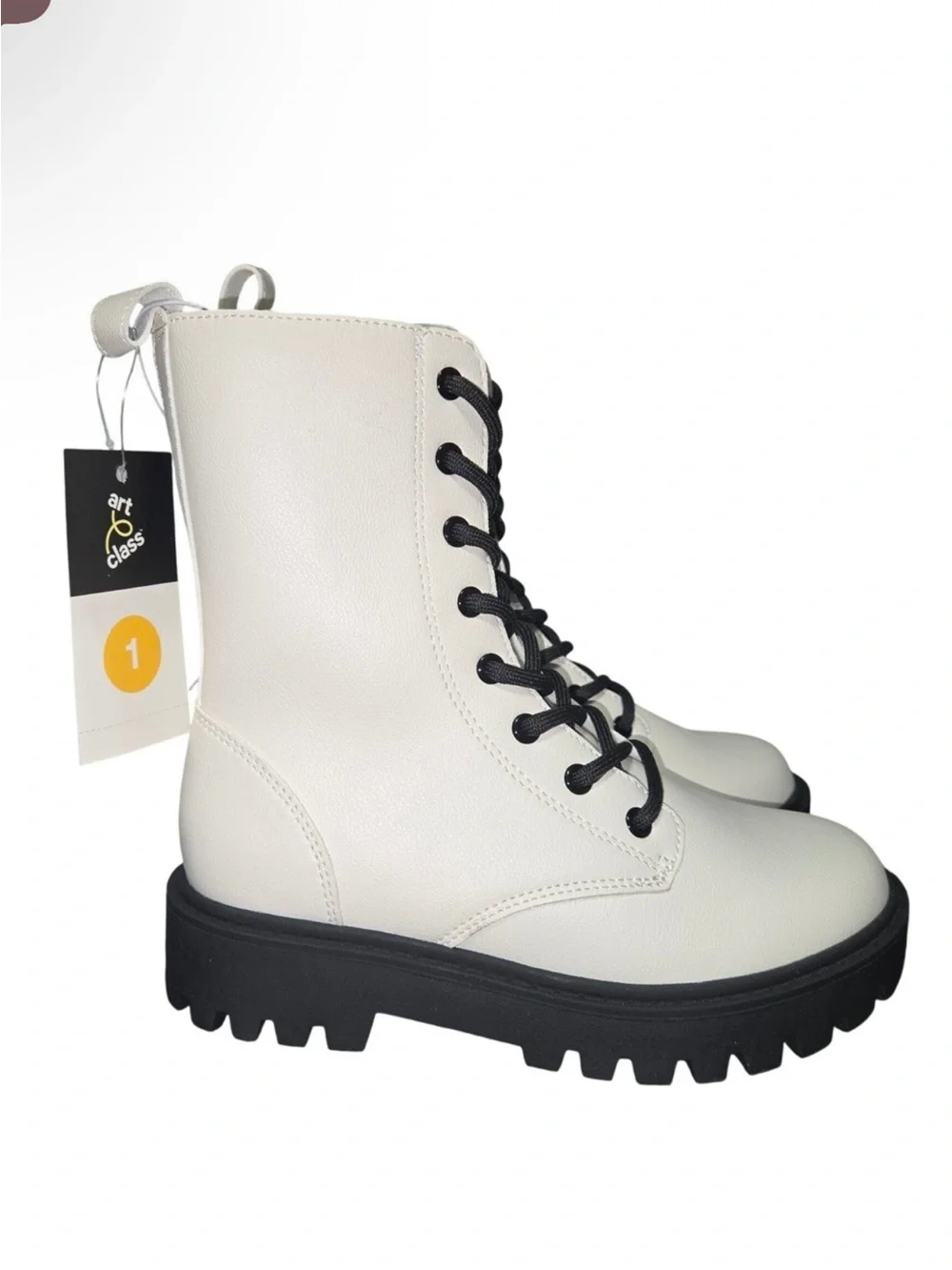 Kids Cream Lace-Up Combat Boot with Black Sole